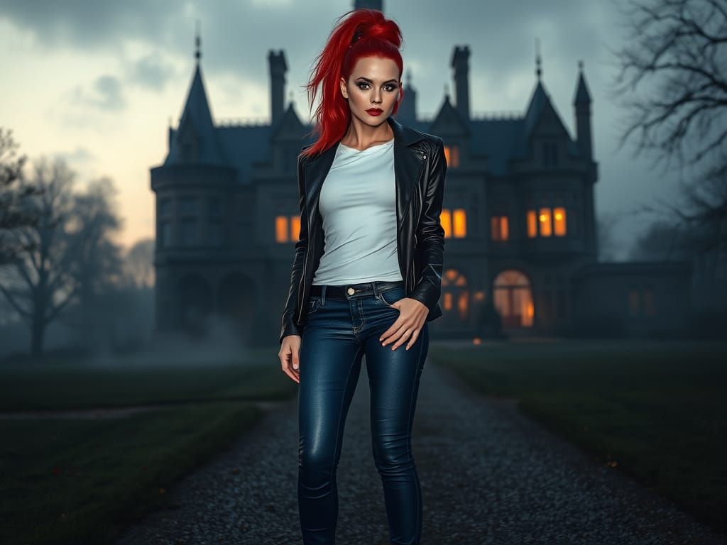 Woman with Red Ponytail at Twilight, in Ash Thorp Style