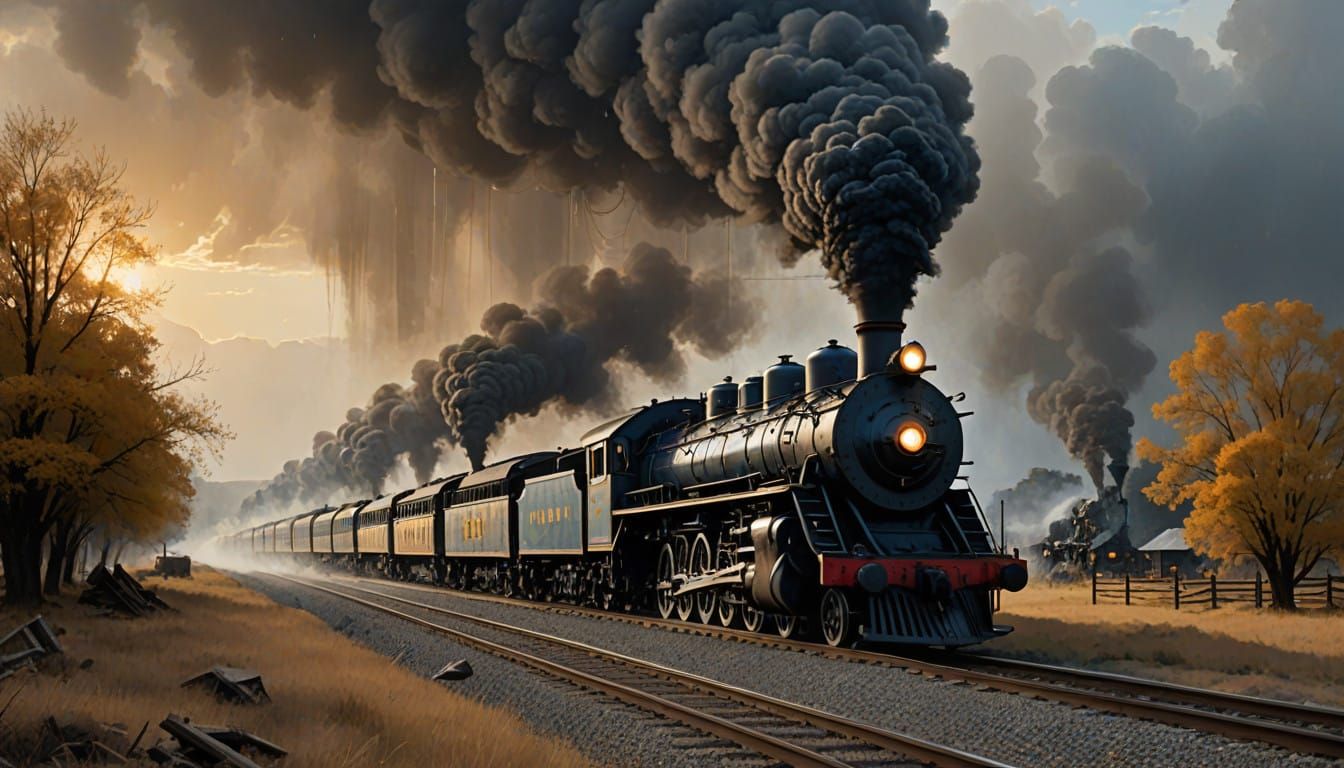 Majestic Trains Collide in a Fiery Rural Landscape