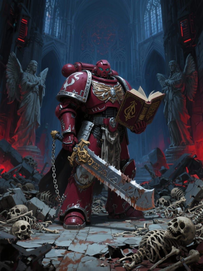 Grimdark Space Marine in Gothic Cyberpunk Cathedral