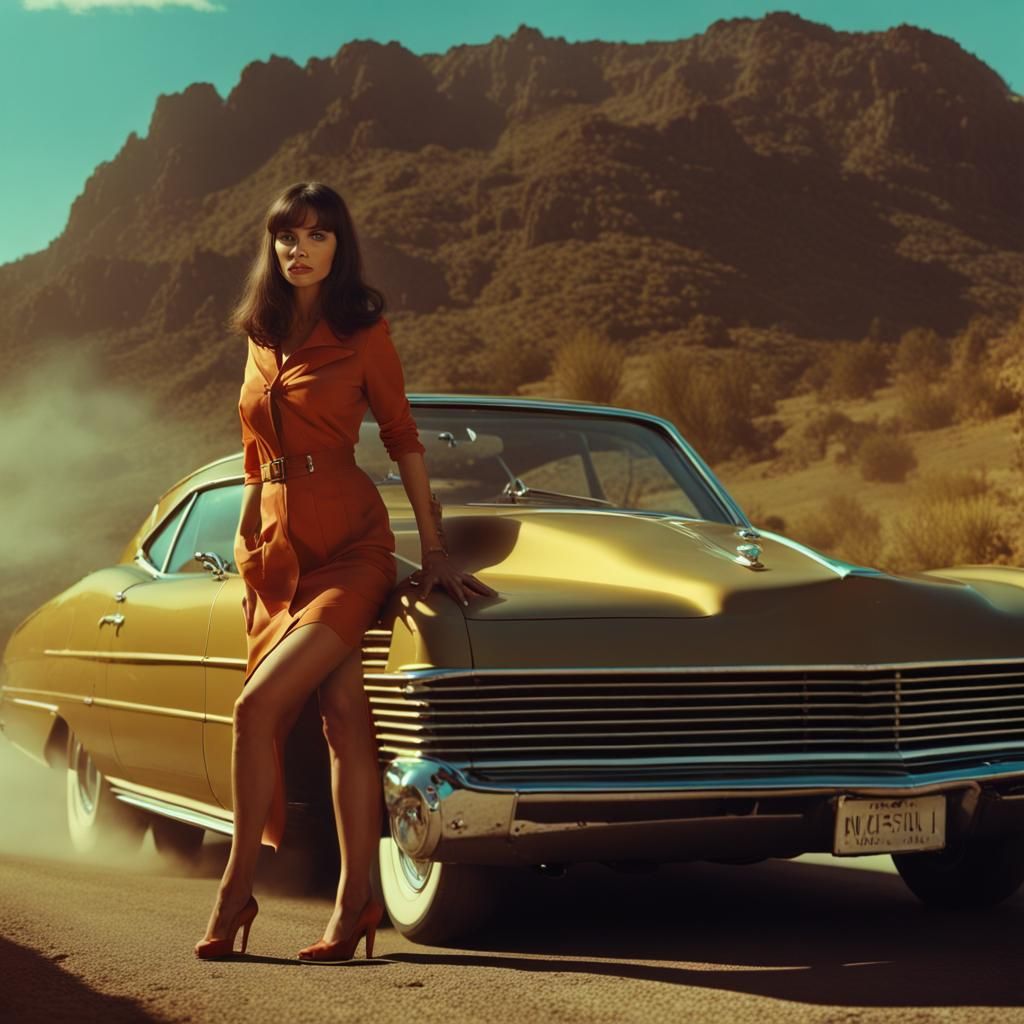 35mm movie still from 1970, beautiful brunette woman in a thrilling road movie, directed by Tarantino, visual-storytelli...