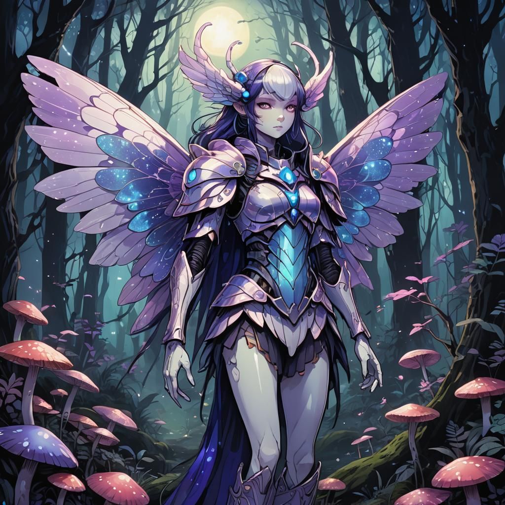 Moonlit Humanoid Beetle in Dark Fantasy Forest