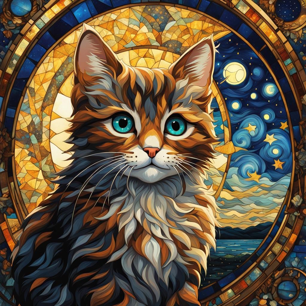Chibi Cat in Starry Night Stained Glass Illustration