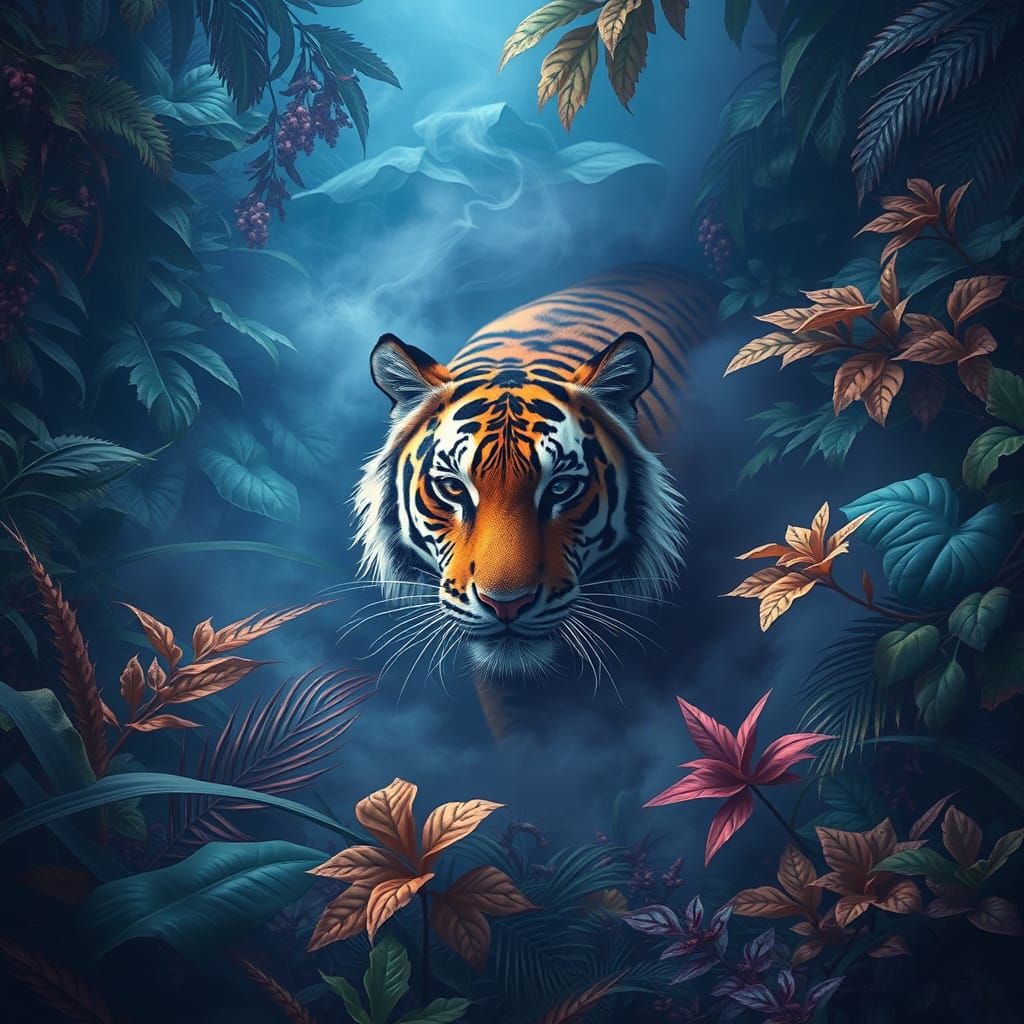 Ethereal Smoke Tiger Hiding in Vibrant Jungle