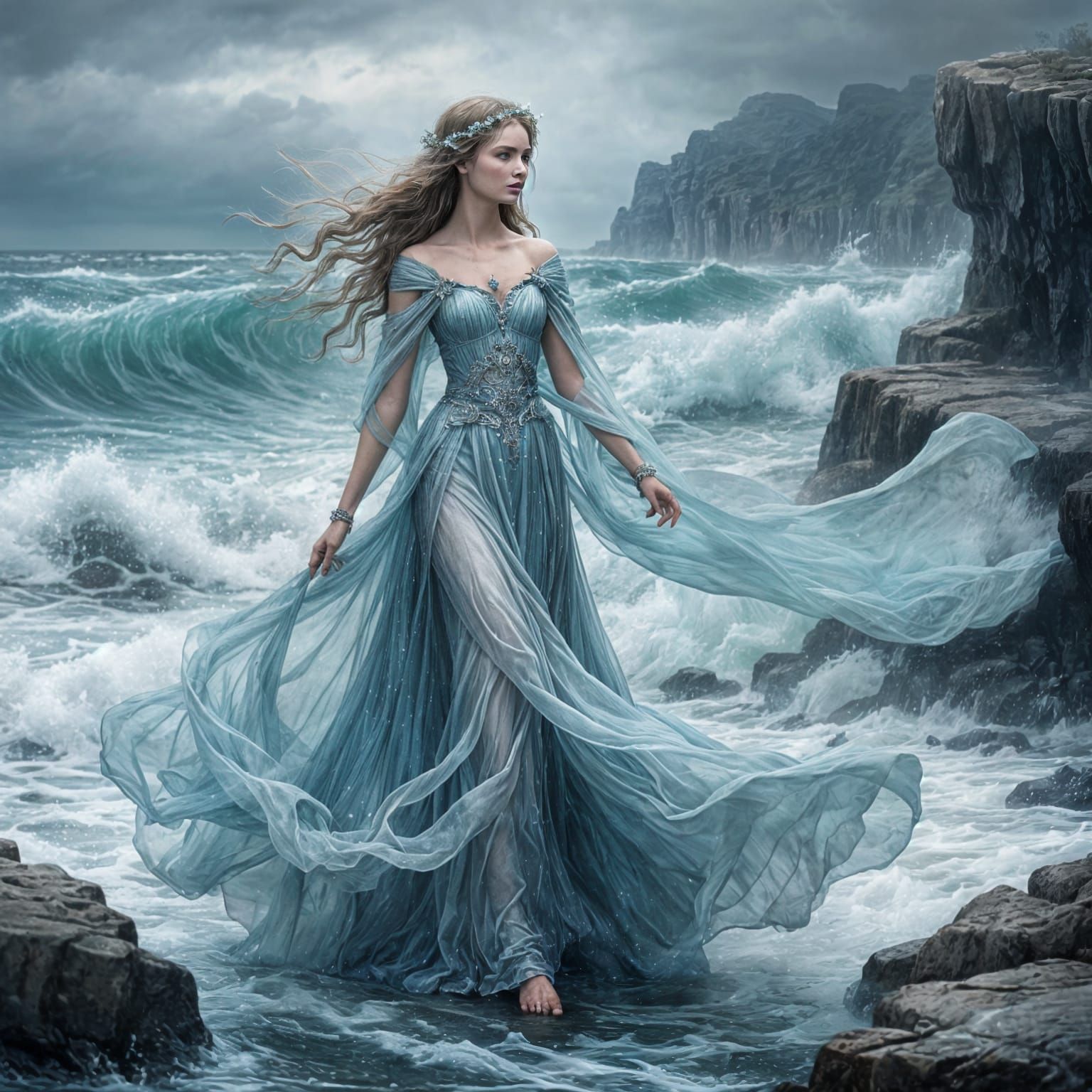 Enchanted Princess Plays Silvery Flute Above Stormy Sea