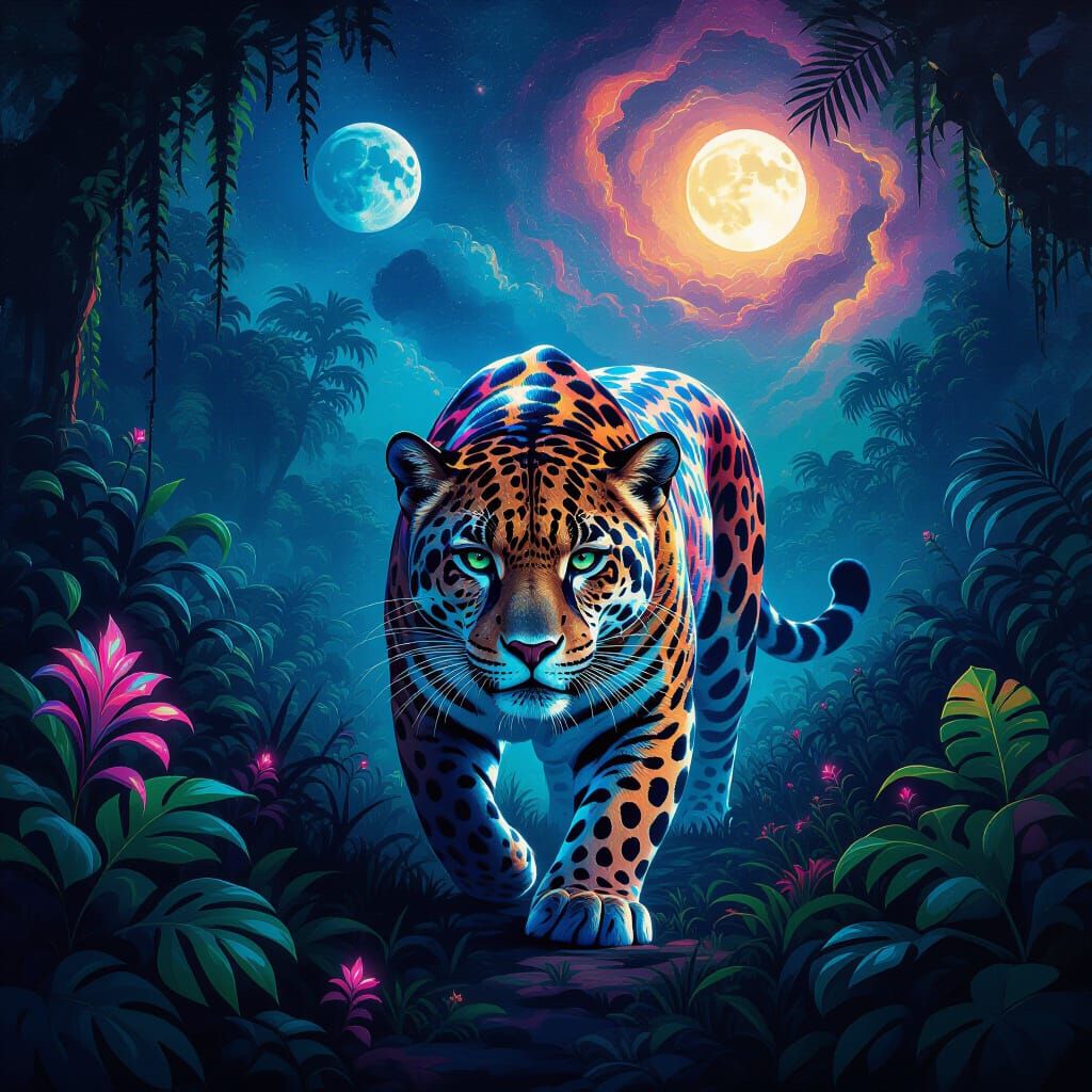 Cosmic Jaguar in Alien Jungle: Expressionist Painting