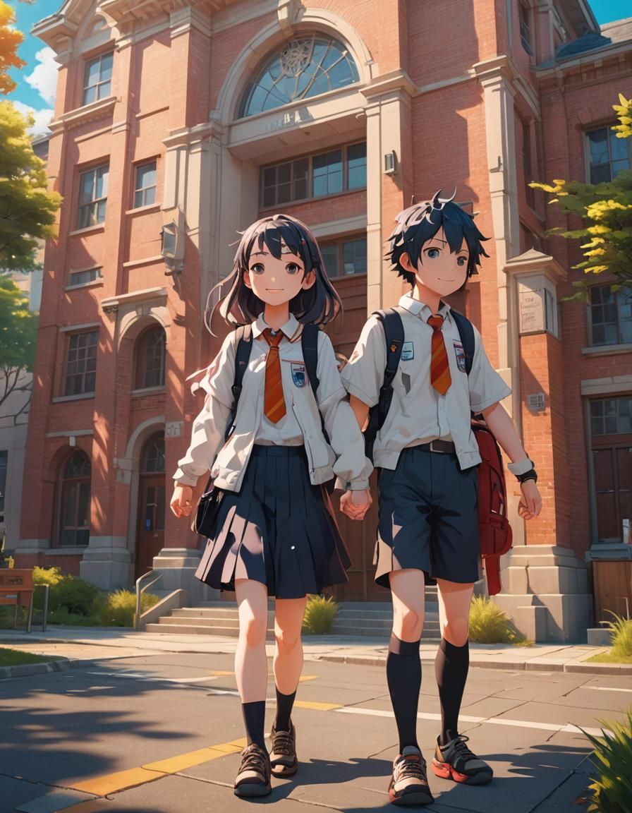 Happy Students in Anime Style Holding Hands