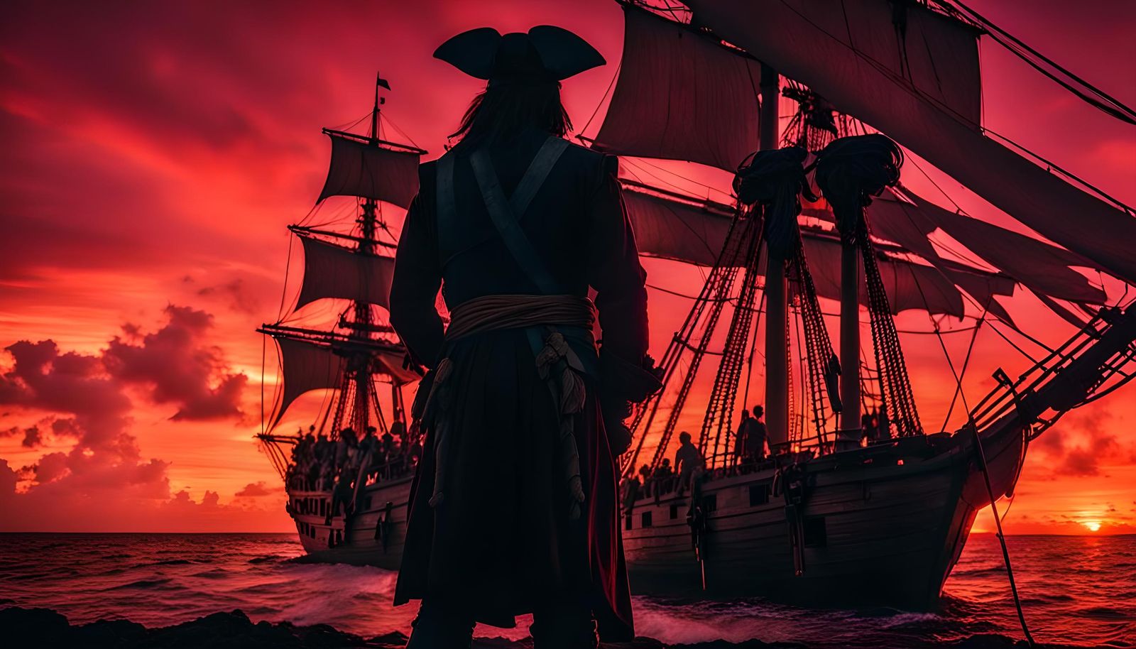 Pirates Gazing into the Sunset: Cinematic Film Still