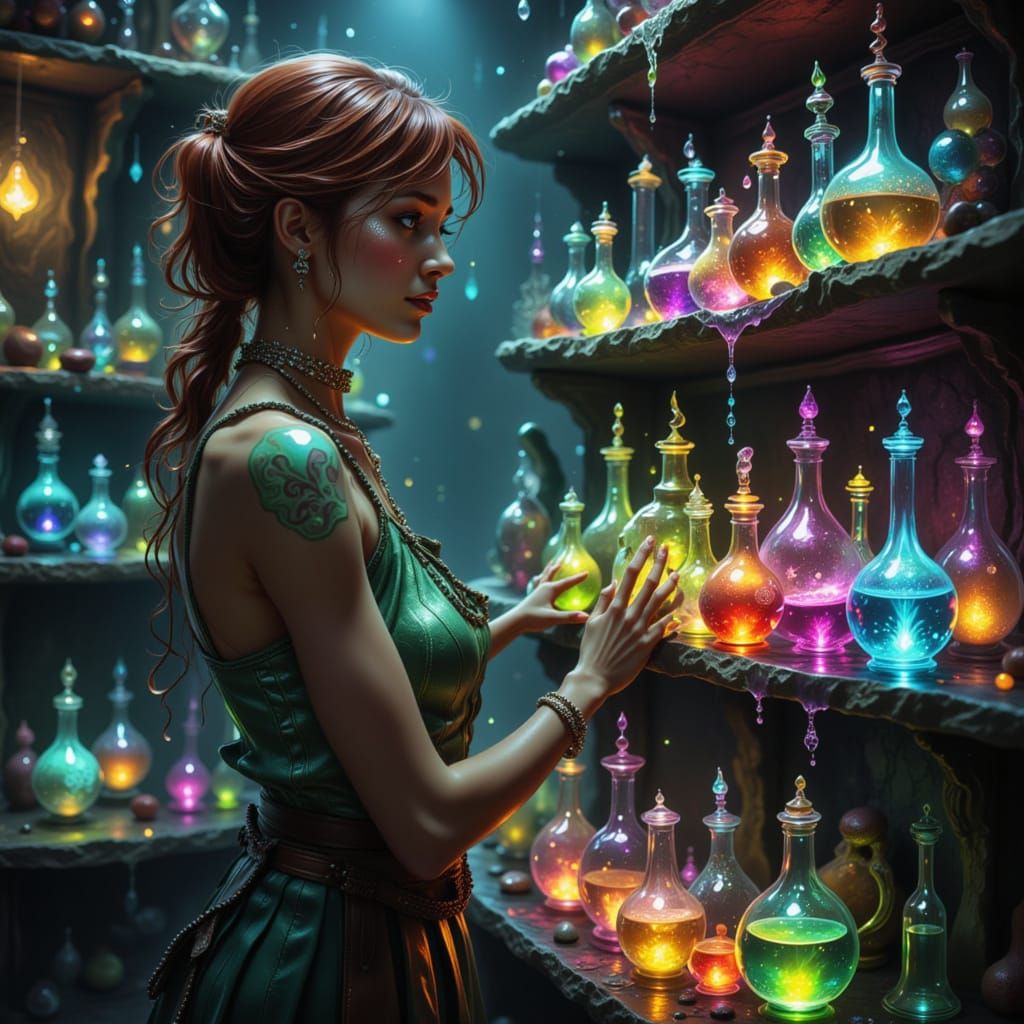 Alchemy Shop with Auburn Haired Alchemist Sorting Potions