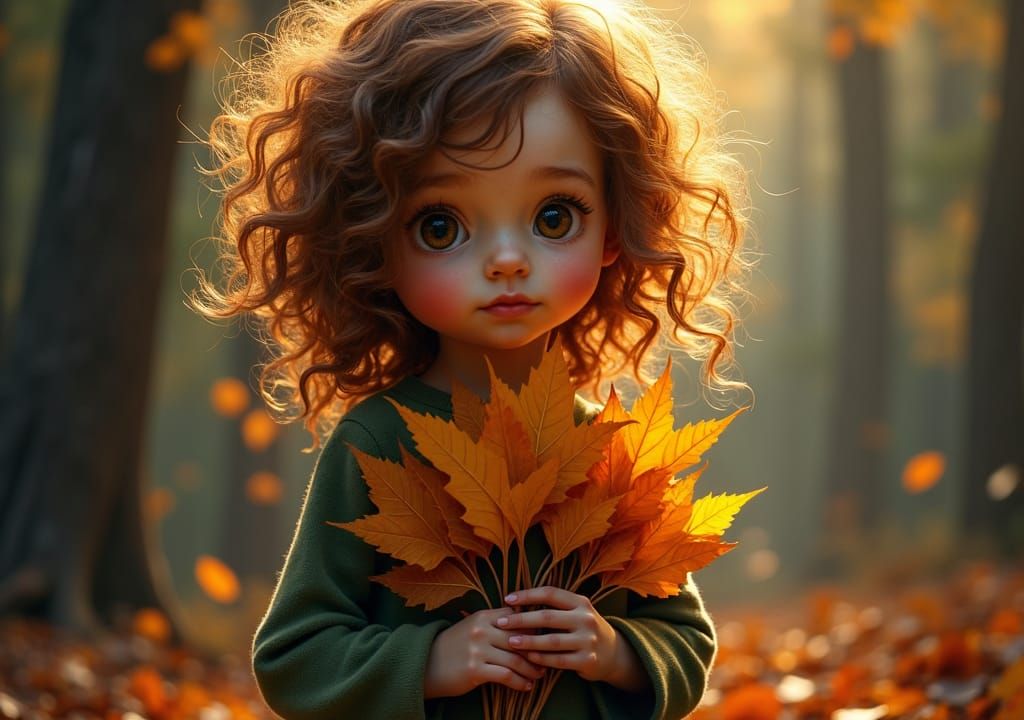 Girl with Autumn Leaves in Forest, Classic Painting