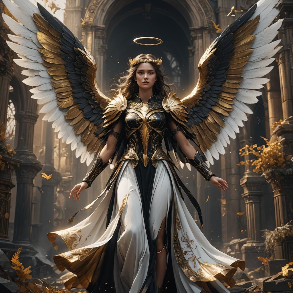 Guardian Angel in Black and Gold Dress