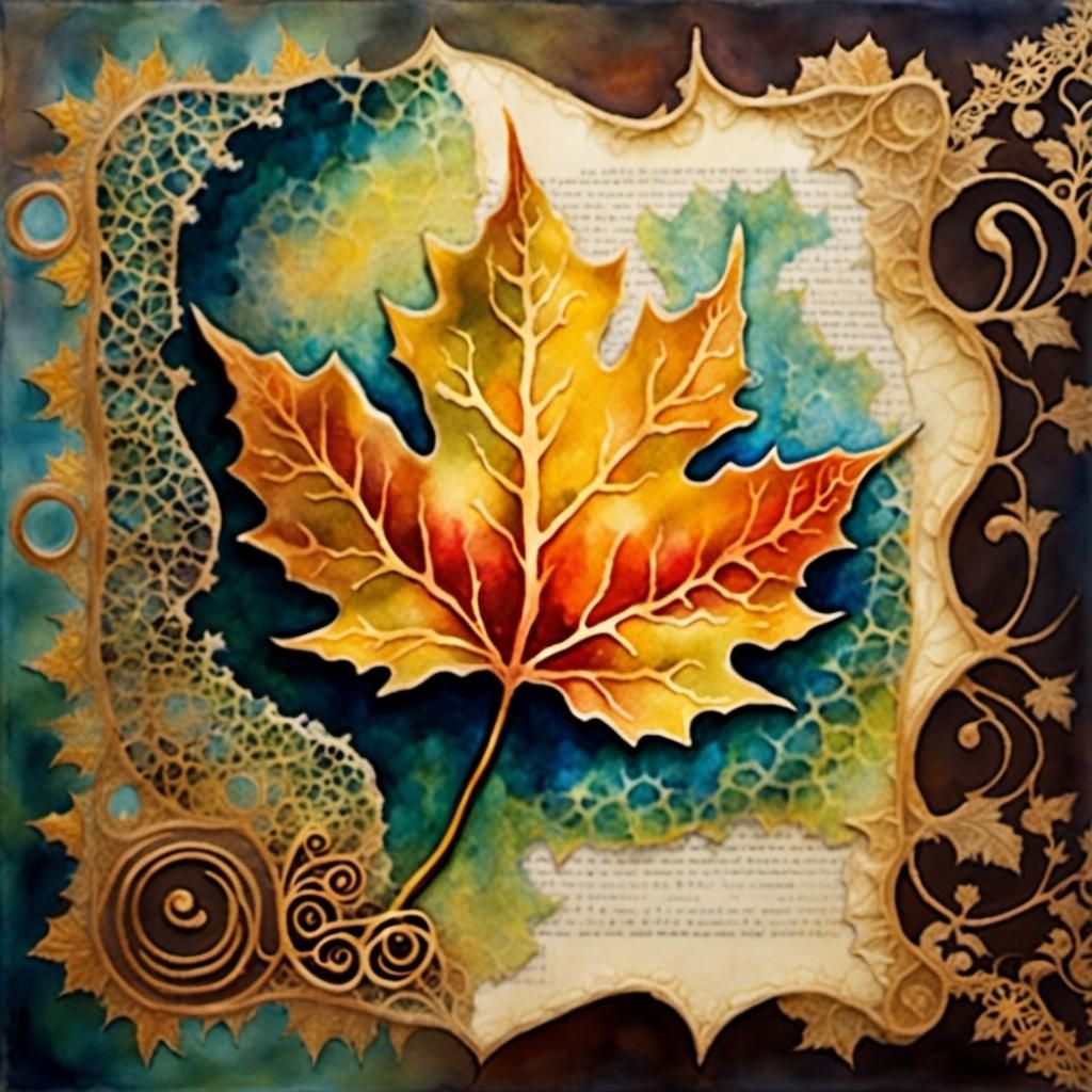 Golden Maple Leaf on Antique Page in Watercolor Fusion