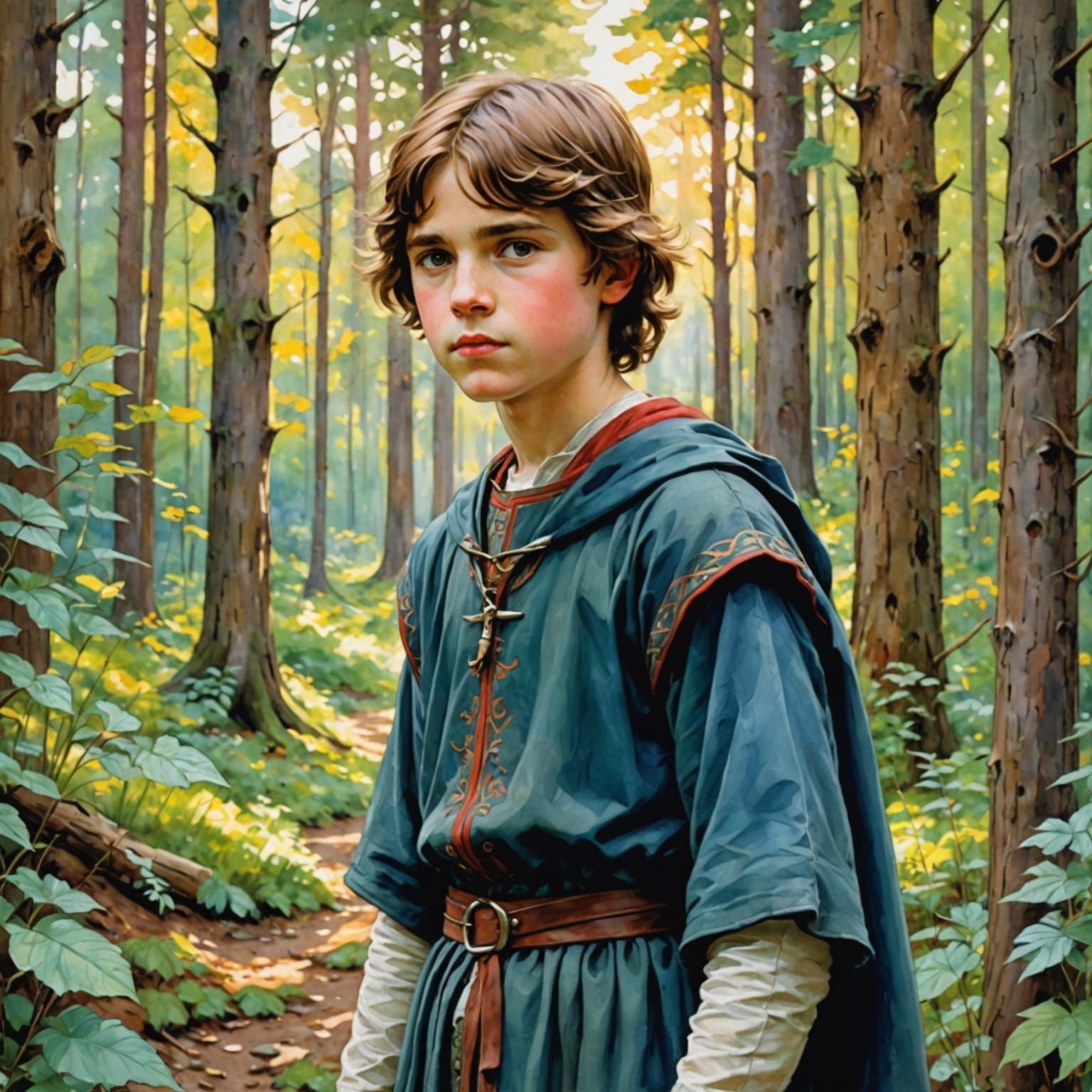 A Boy in a Vibrant Medieval Forest