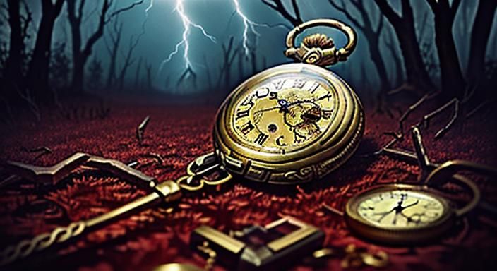 Cracked Gold Watch in Red Forest Storm