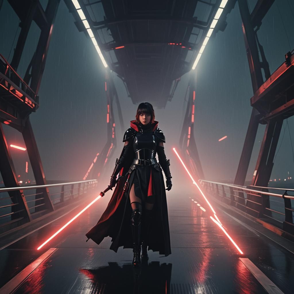 Sith Warrior on Starship Bridge in Cinematic Style