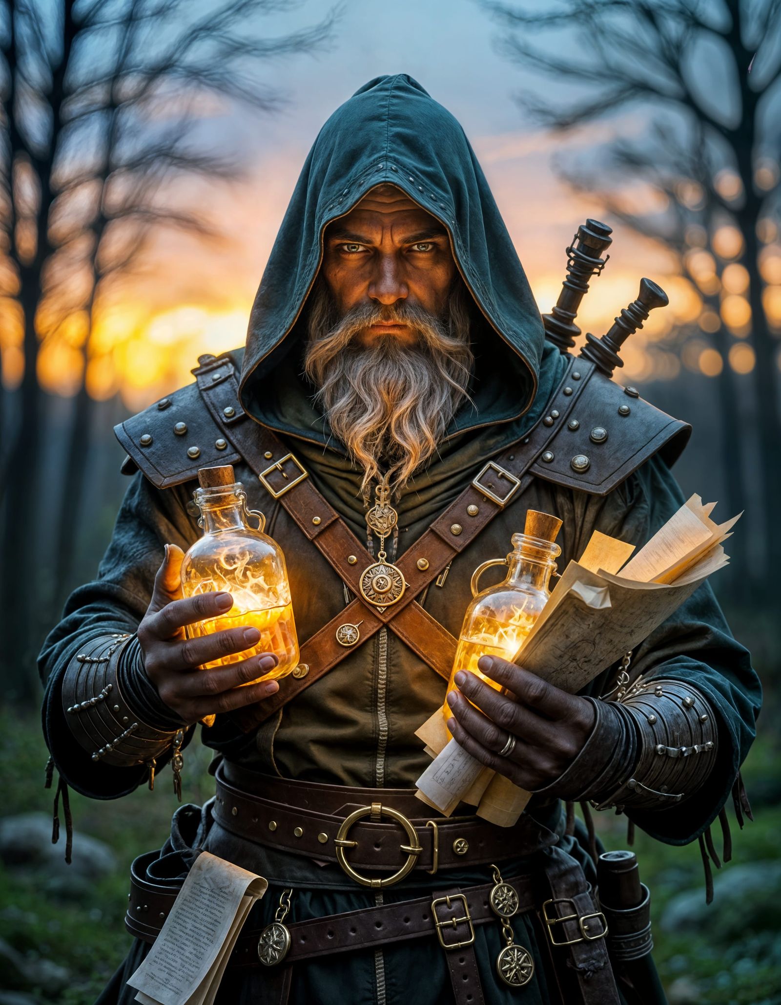 Hyperrealistic Alchemist in Old Woods at Dawn