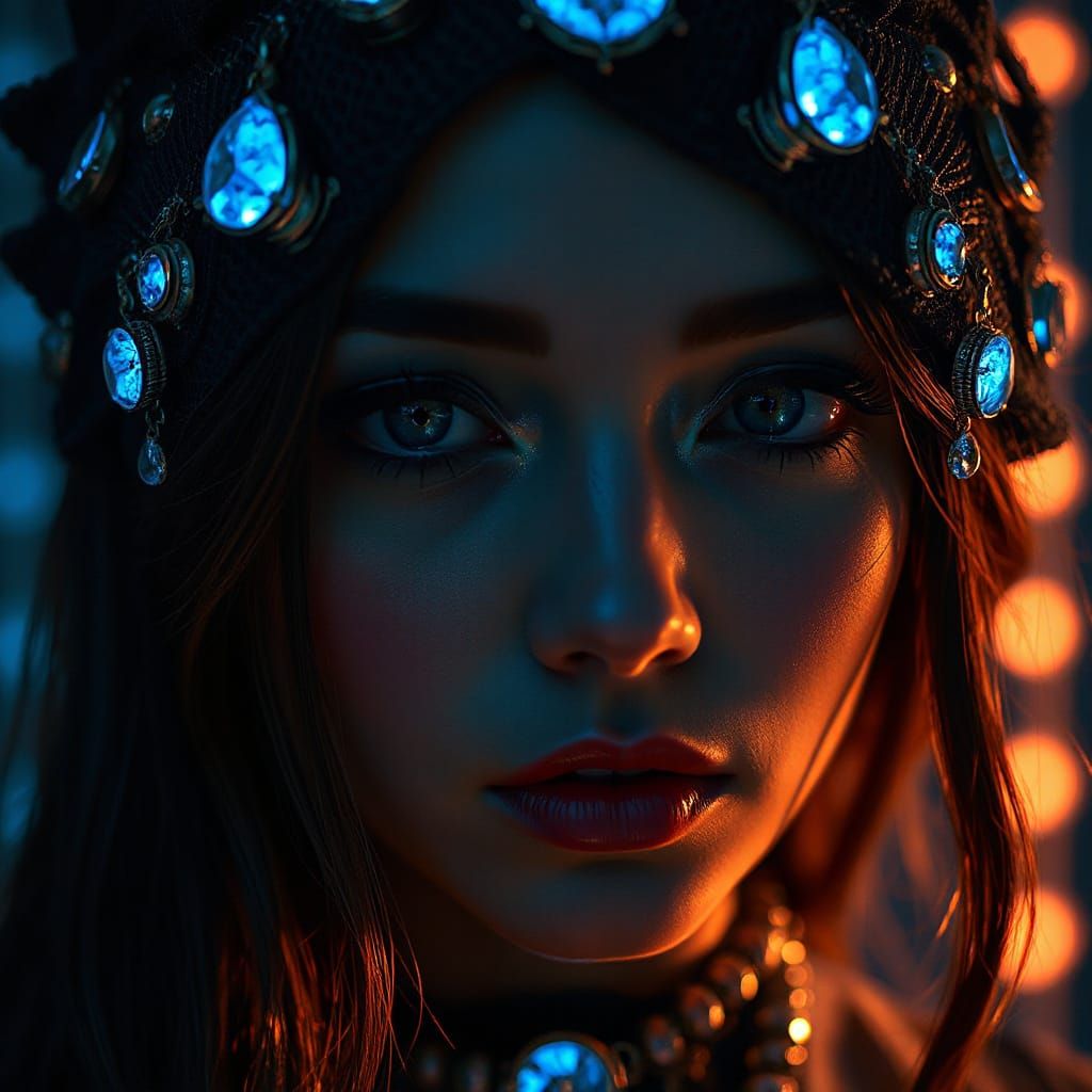 cute intricate Mysterious Woman Pin-up in bioluminescent sapphire...