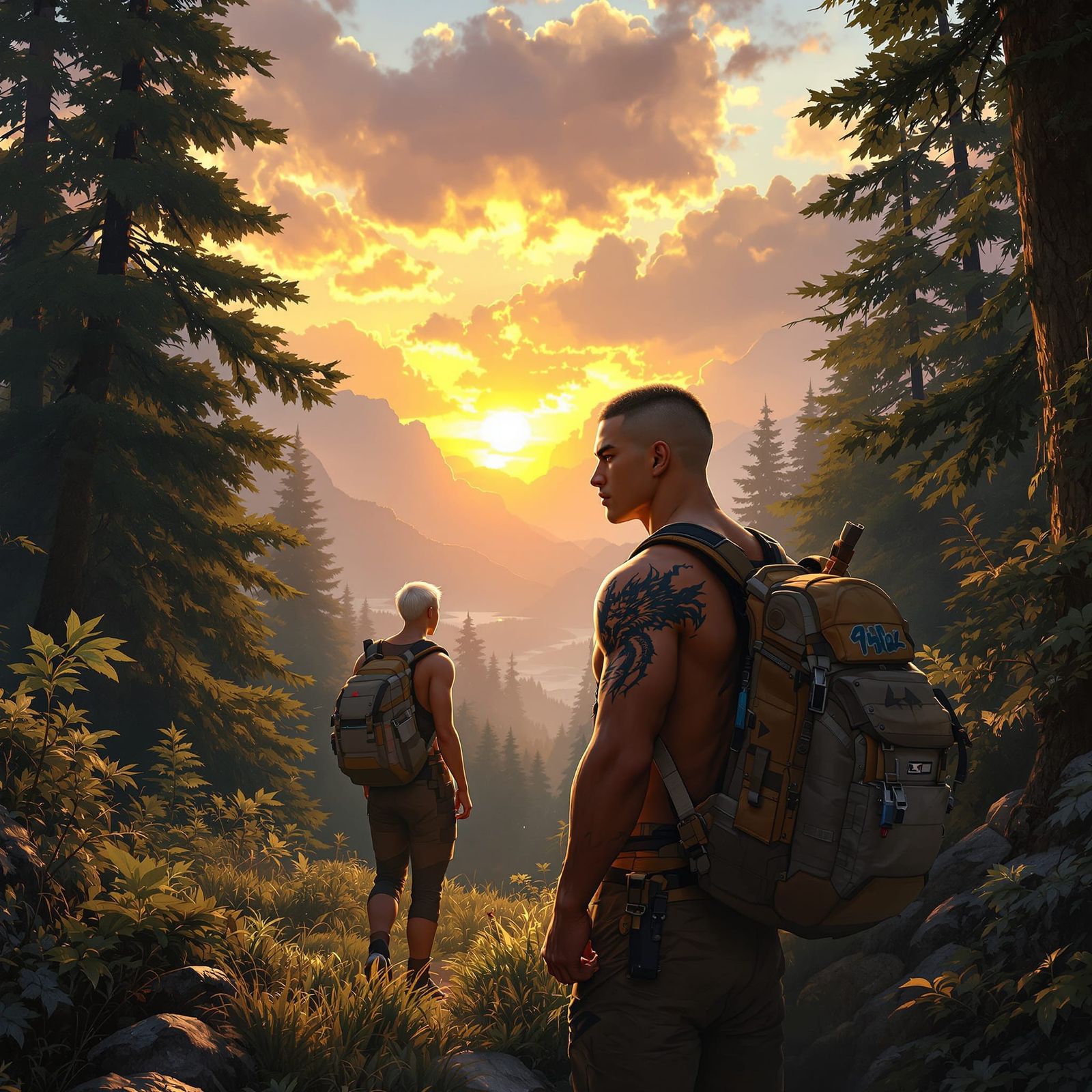 Asian Athlete and Boyfriend Hiking at Sunset