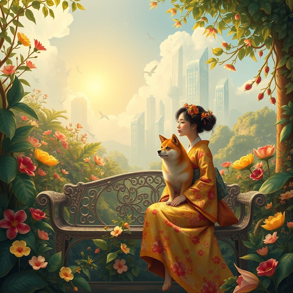 Enchanted Botanical Oasis with Japanese Woman and Shiba Inu