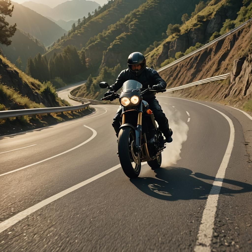 Motorcycle Racer on Mountain Road in Kurosawa Style