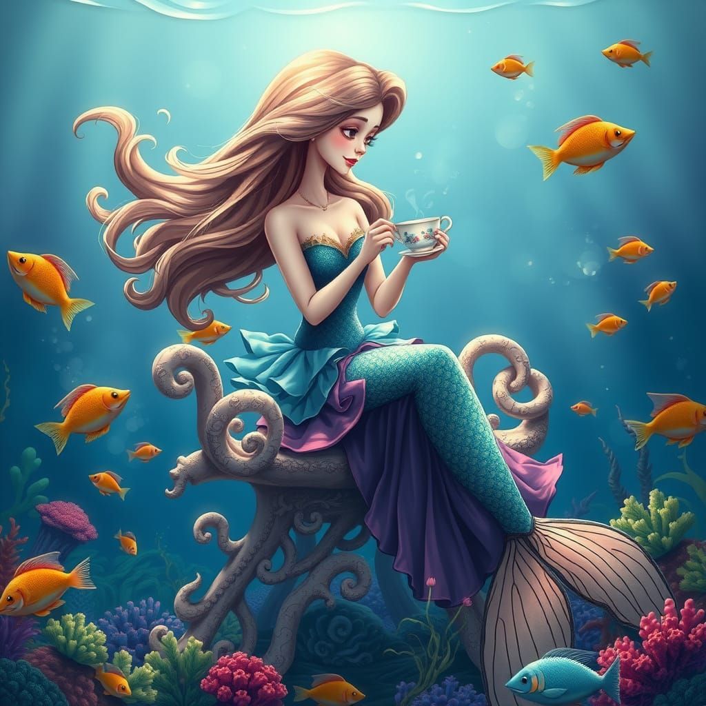 Mermaid Enjoys Tea with Fish in Underwater Scene