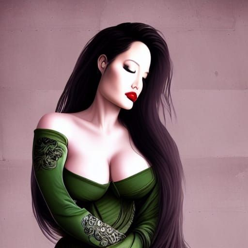 Curvy Asian Woman with Grunge Outfit in Detailed Matte Paint...