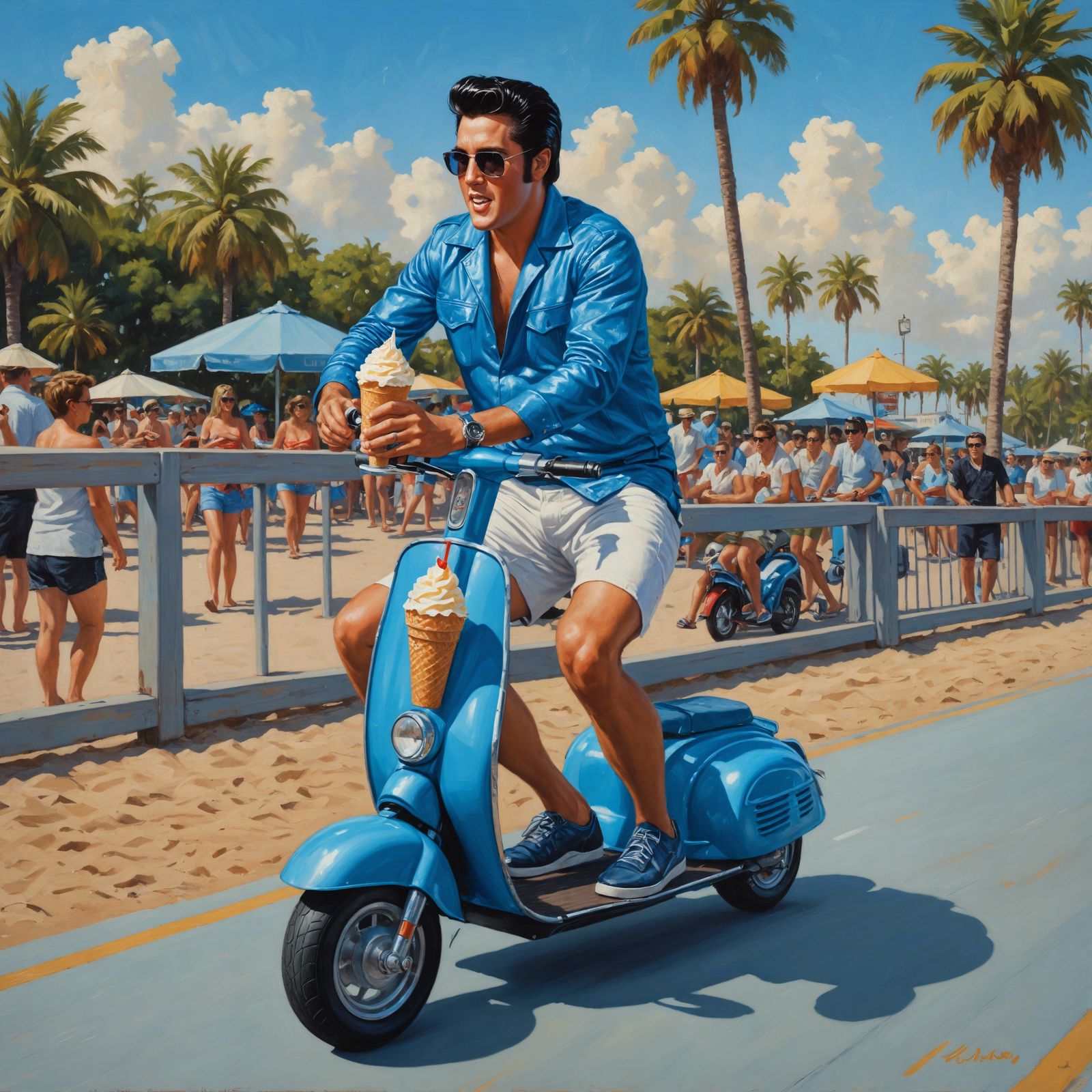 Elvis on Electric Scooter as Oil Painting