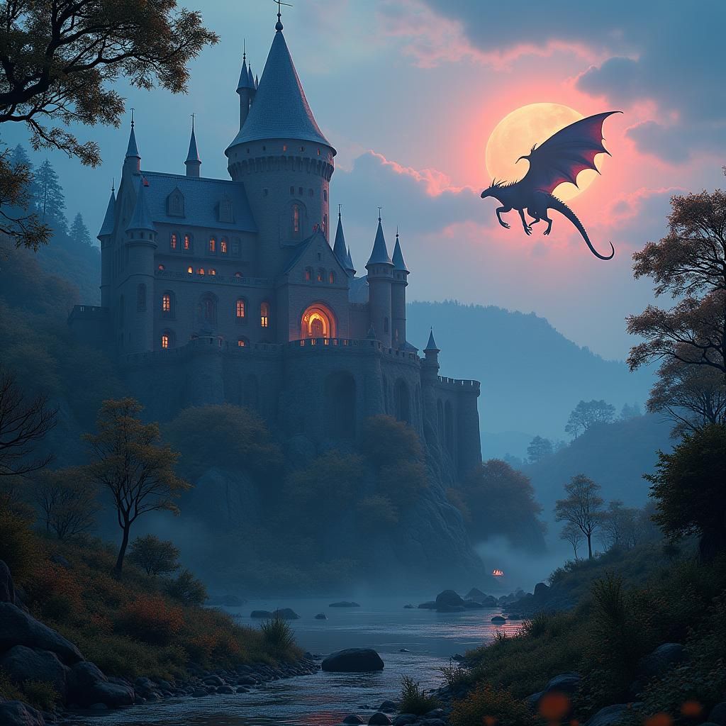 Majestic Dragon Soaring Over Medieval Castle in Fantasy Land...