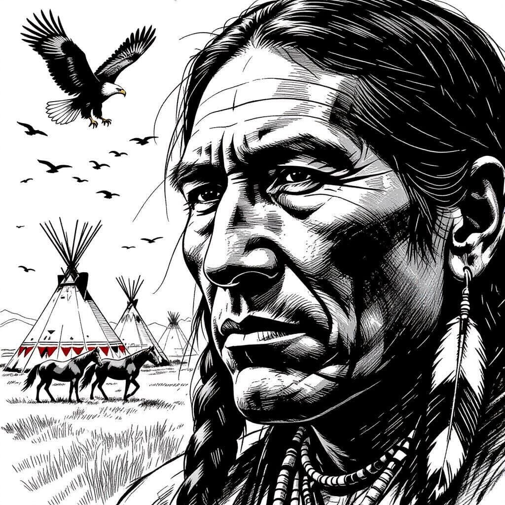Modern Native American Face in Detailed Ink Sketch Style