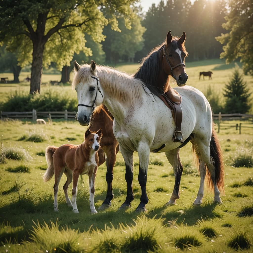 Horse and Dog in Sunny Meadow: Equine Photography