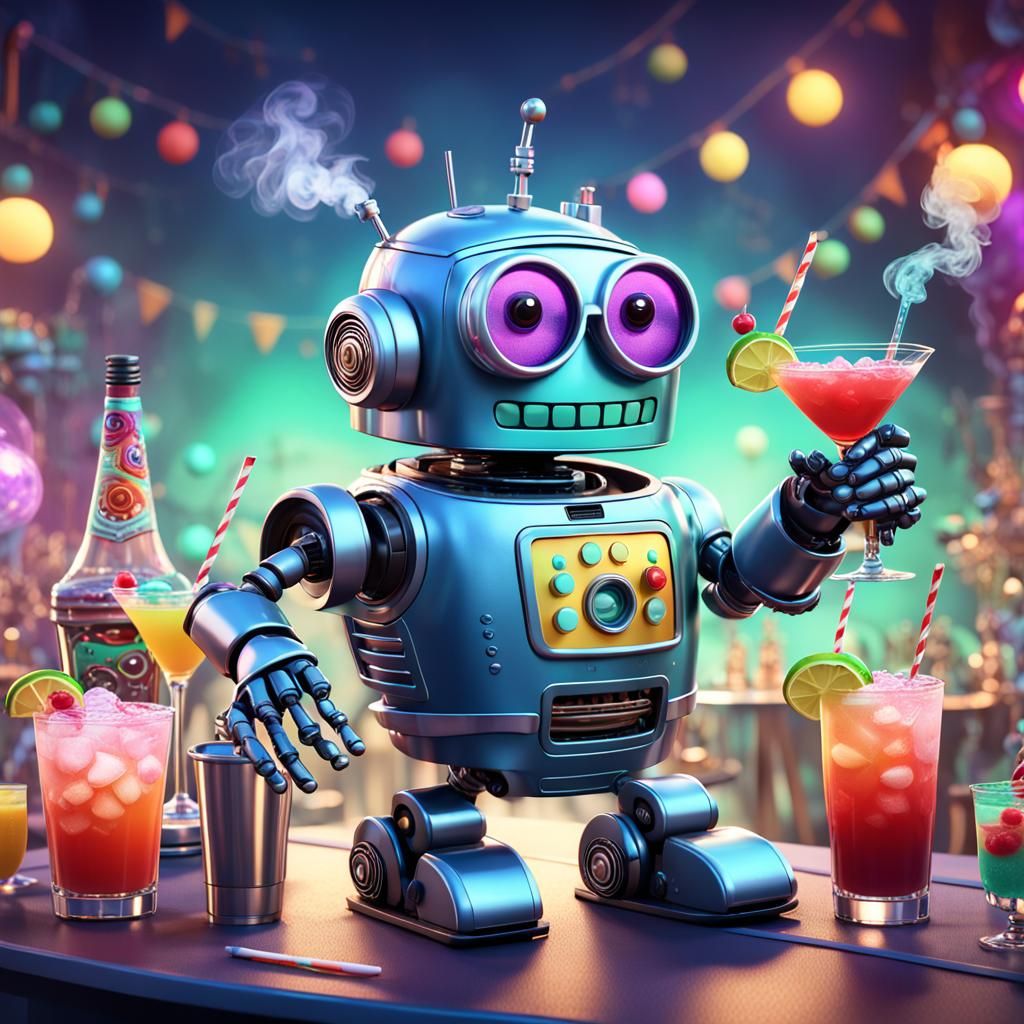 Cartoon Robot Party in Pixar Disney Style