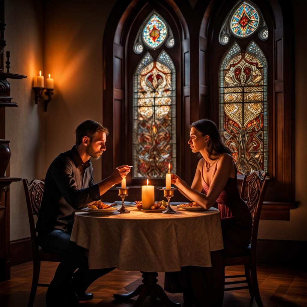 flickering candlelight caresses the couple