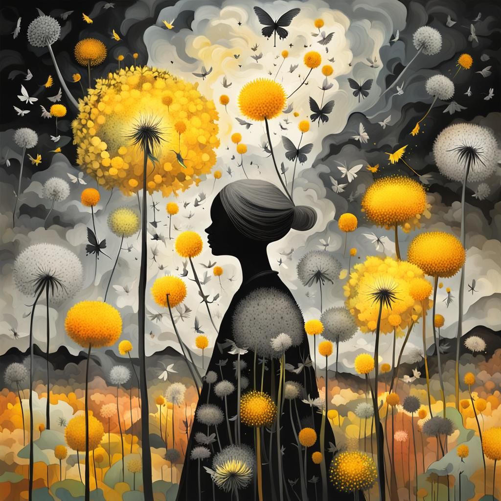 Winged Fairies in Dandelion Dreamscape, Expressive Art