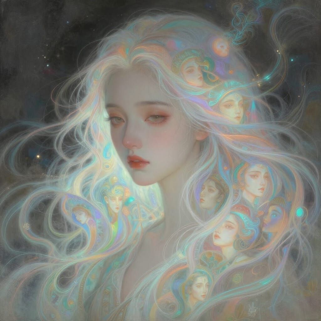 Ethereal Oracle with Spectral Hair in Dreamlike Glow