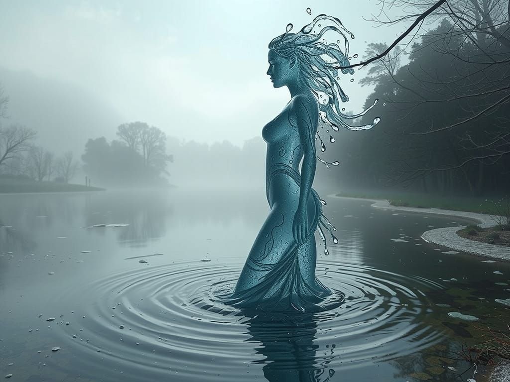 3D art, fantasy, surreal: On the shore of a misty clearing, ...