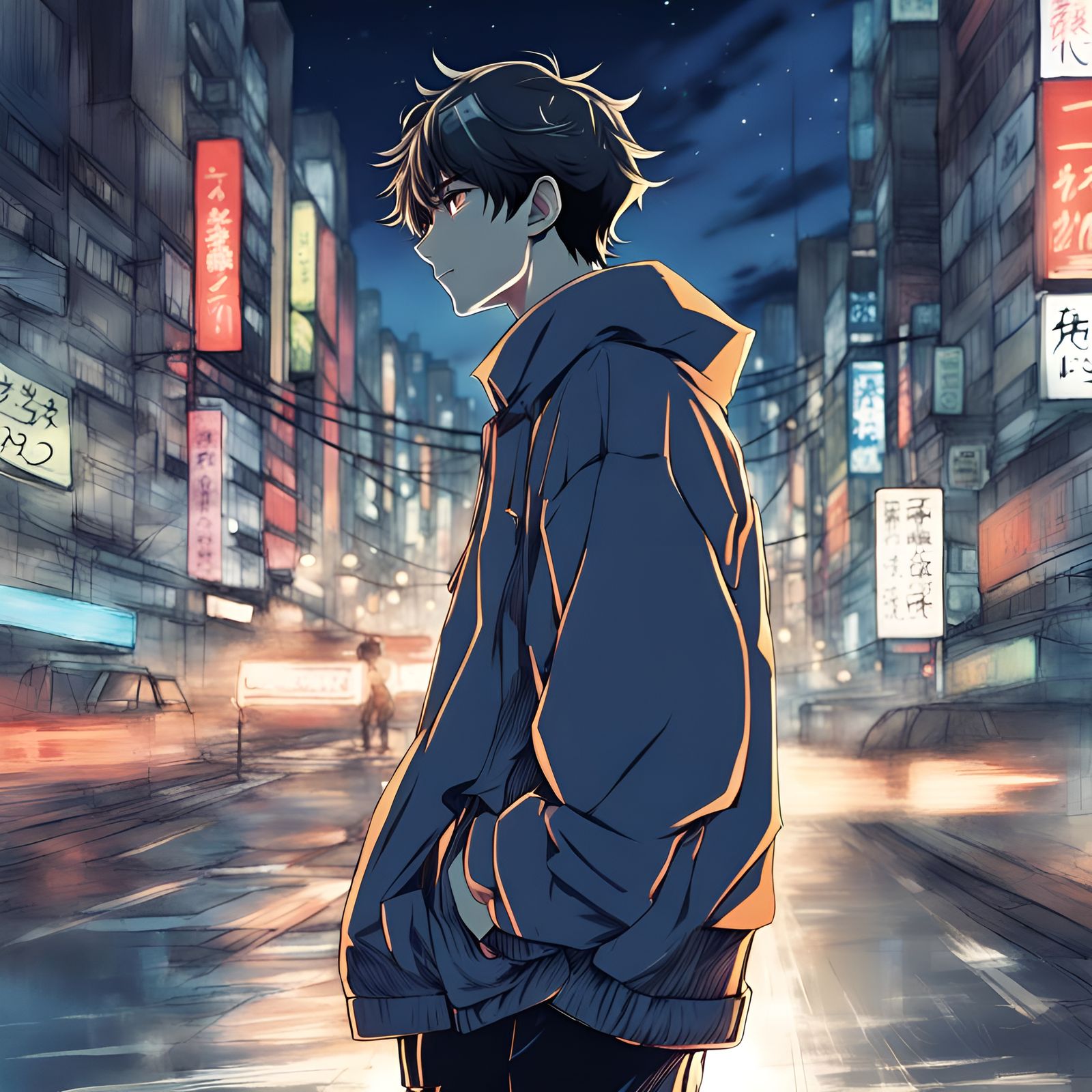 Crying Artist in City at Night: Manga Illustration