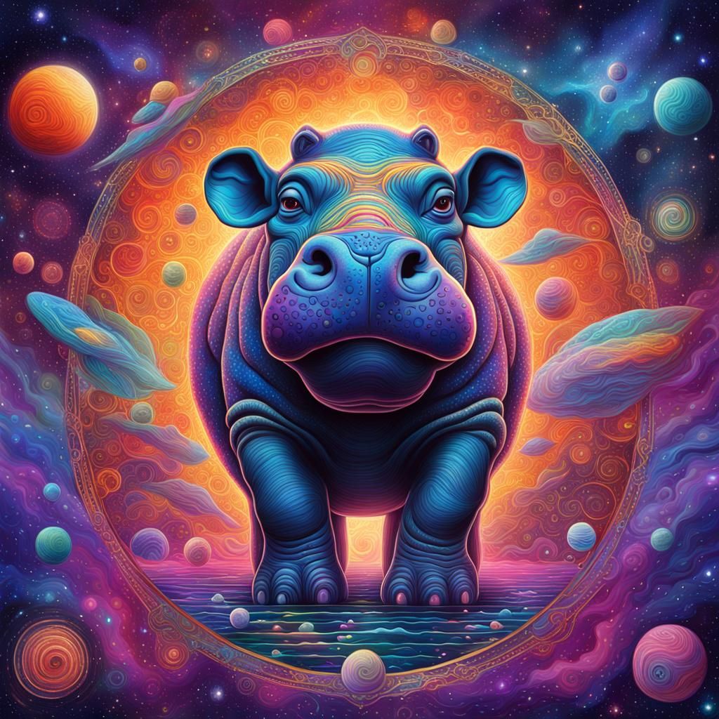 Cosmic Hippo's Flight: An Astral Holographic Illustration