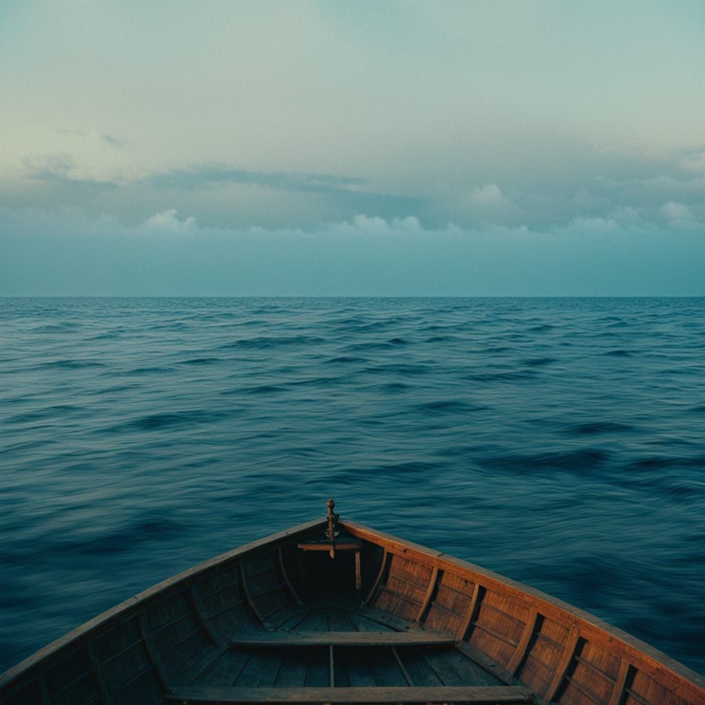 Wooden Boat at Sea: Cinematic Film Still