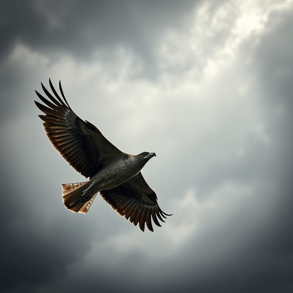 Suspended Bird in Moody Stormy Skies