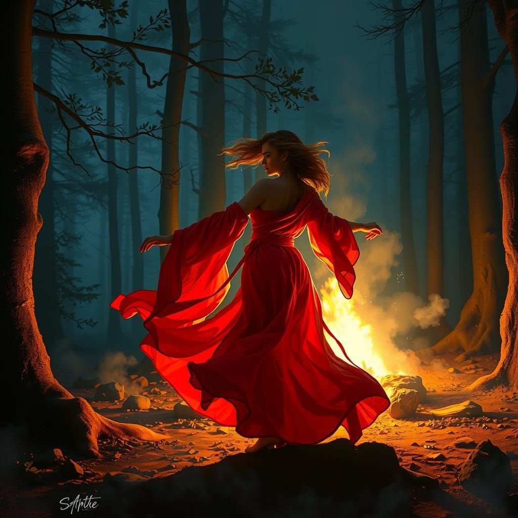 Fiery Woman Dancing in Forest with Eerie Shadows