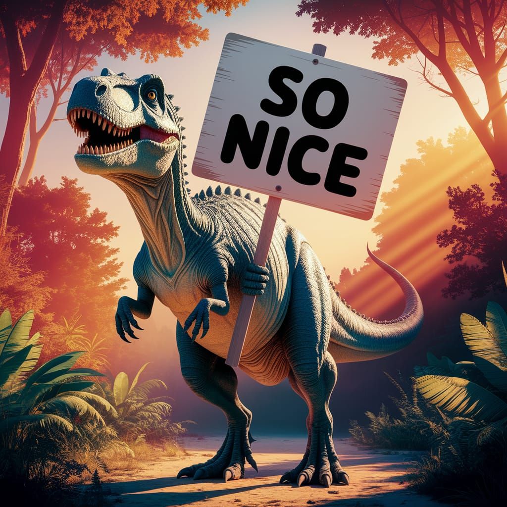 Majestic Dinosaur Holding "So Nice" Sign
