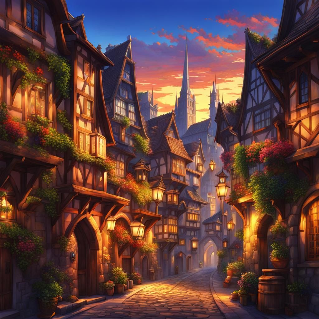Anime Style Medieval City at Dawn