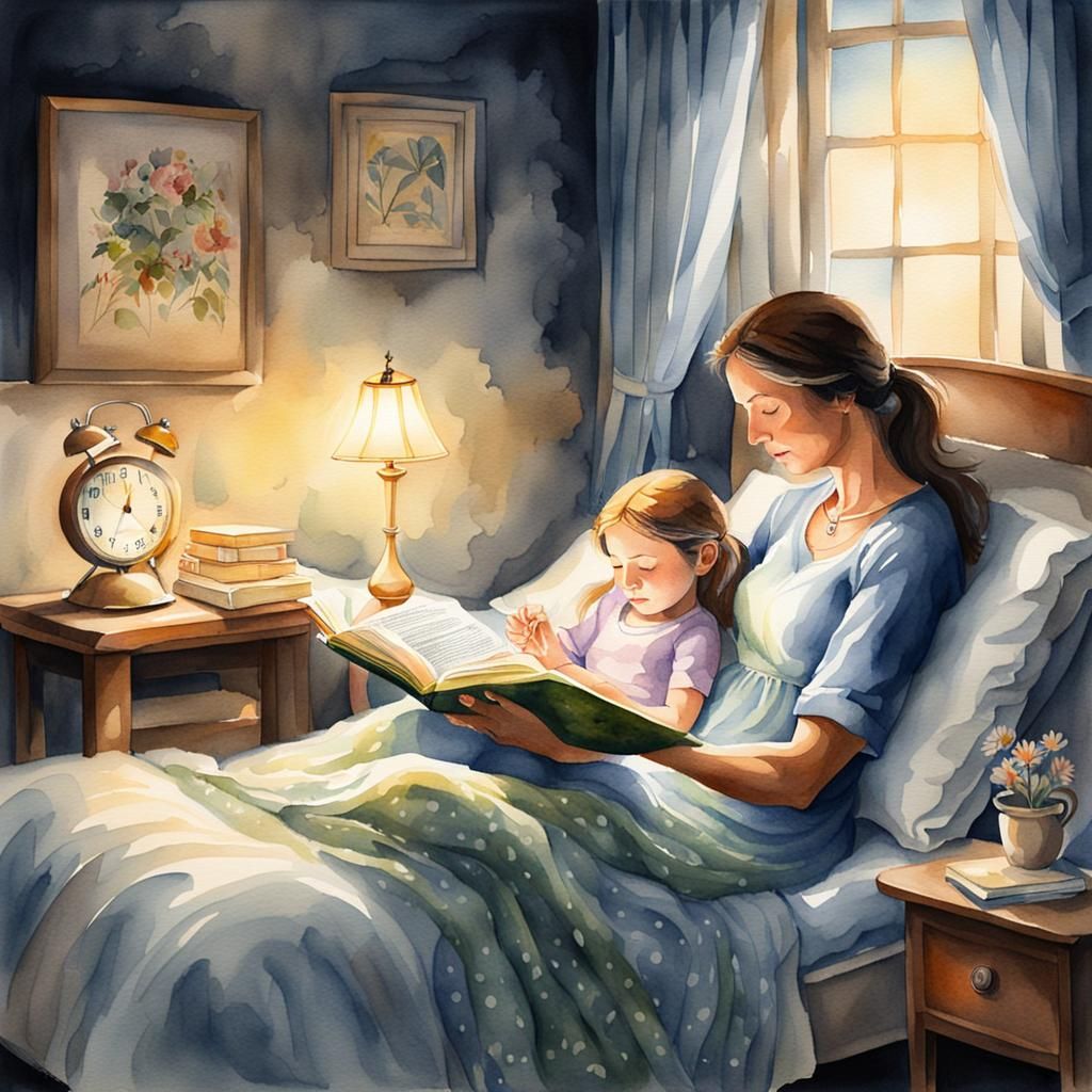 Watercolor Painting: Mother Reading to Child