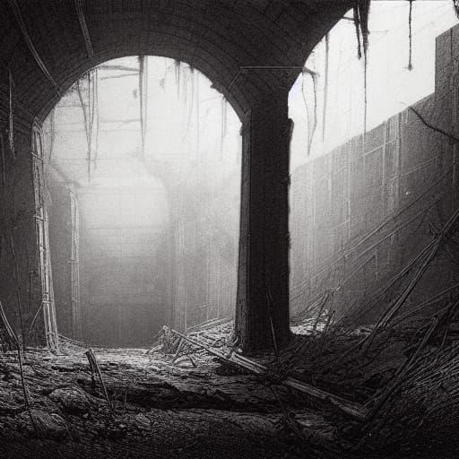 Abandoned Mineshaft Horror in Engraving Style