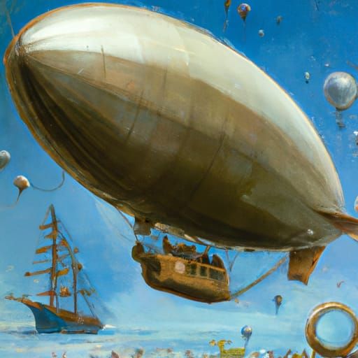 Whimsical Airship in a Romantic Era Oil Painting Style