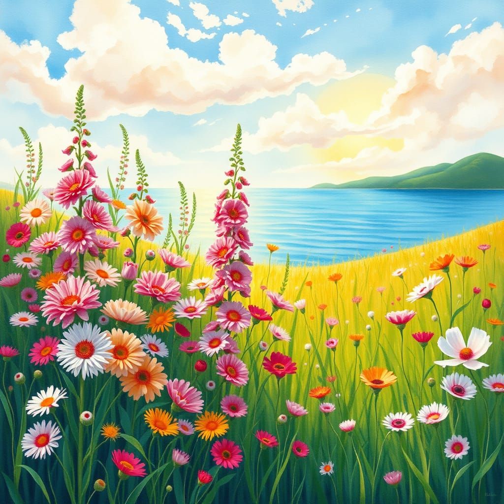 Vibrant Spring Blooms in an Emerald Field Near a Serene Lake