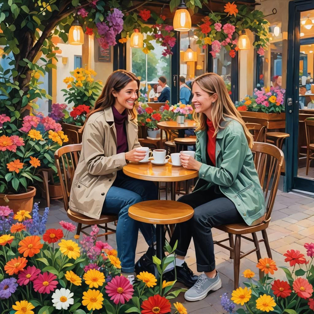 Friends Chatting in a Cafe with Flowers