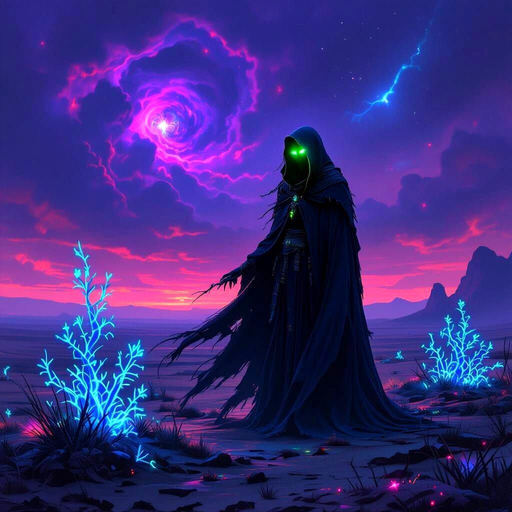 Ancient Witch on Alien Plain with Neon Grids