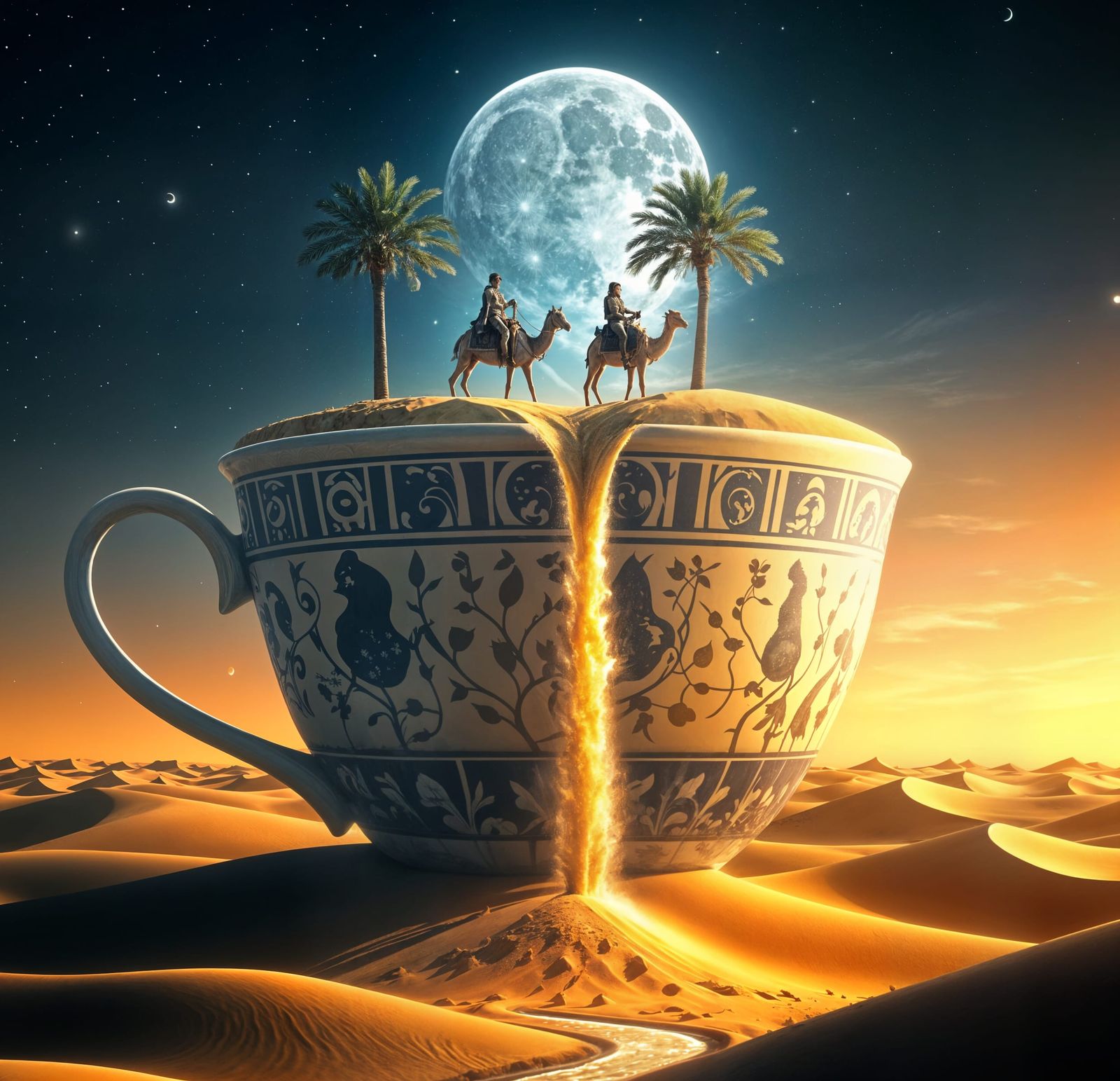 Surreal Desert Oasis in Teacup, Fantasy Landscape