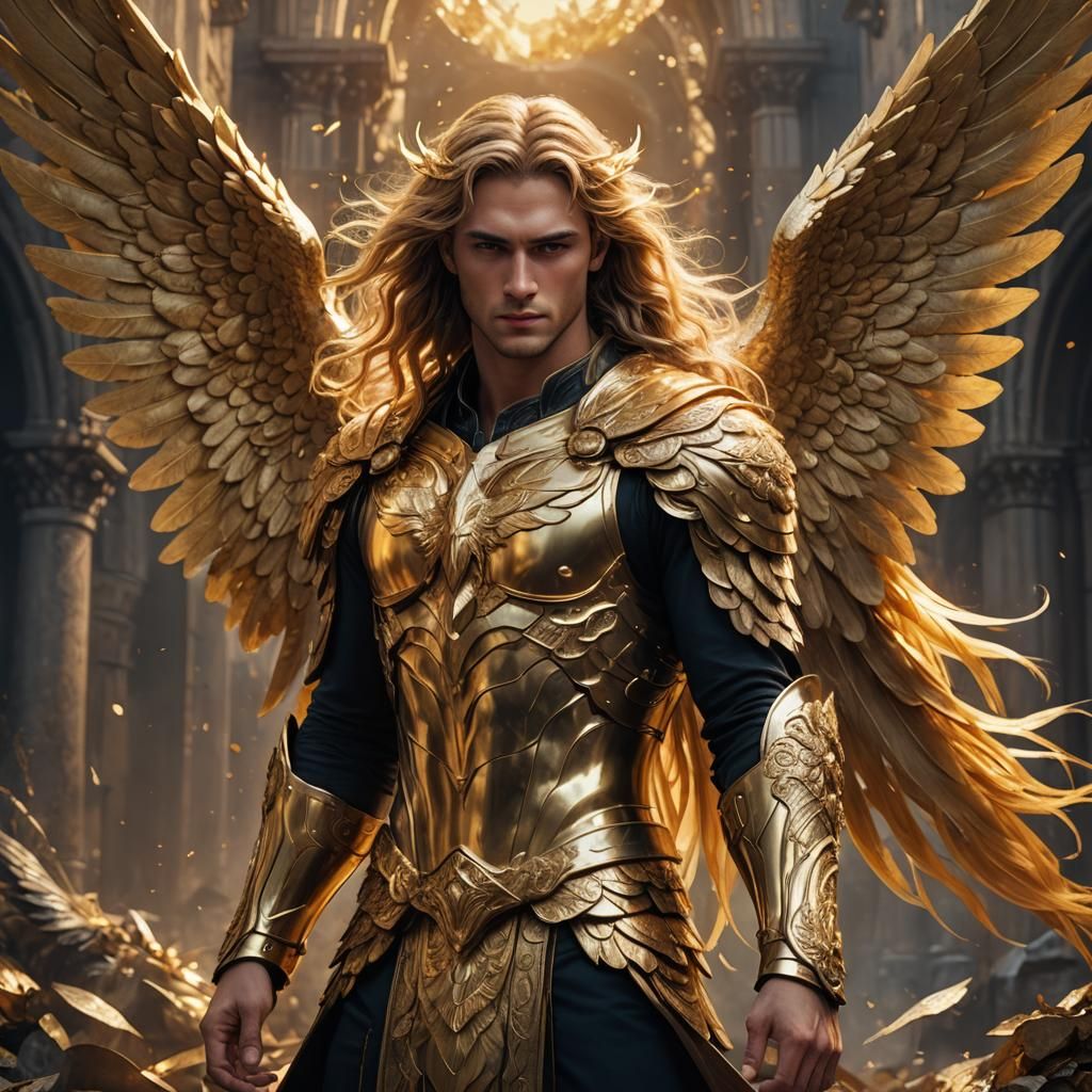 Handsome Golden Angel with Wings in Detailed Matte Painting