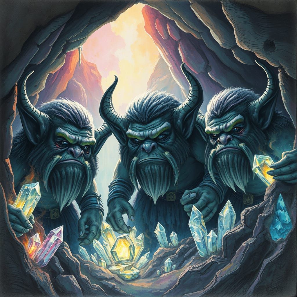 Trolls Guarding Crystal Cave: Ethereal Fantasy Art